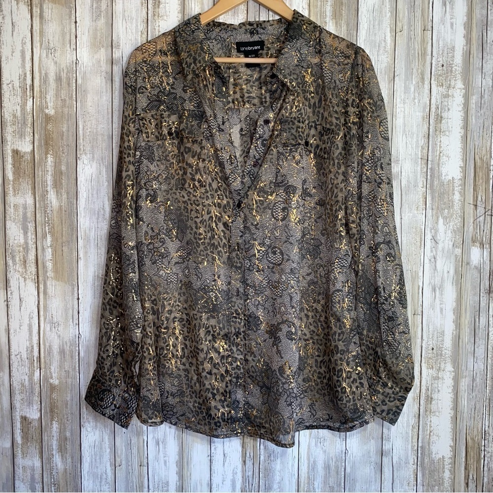 Lane Bryant Sheer Animal Print Metallic Gold Button Front Blouse Size 18/20